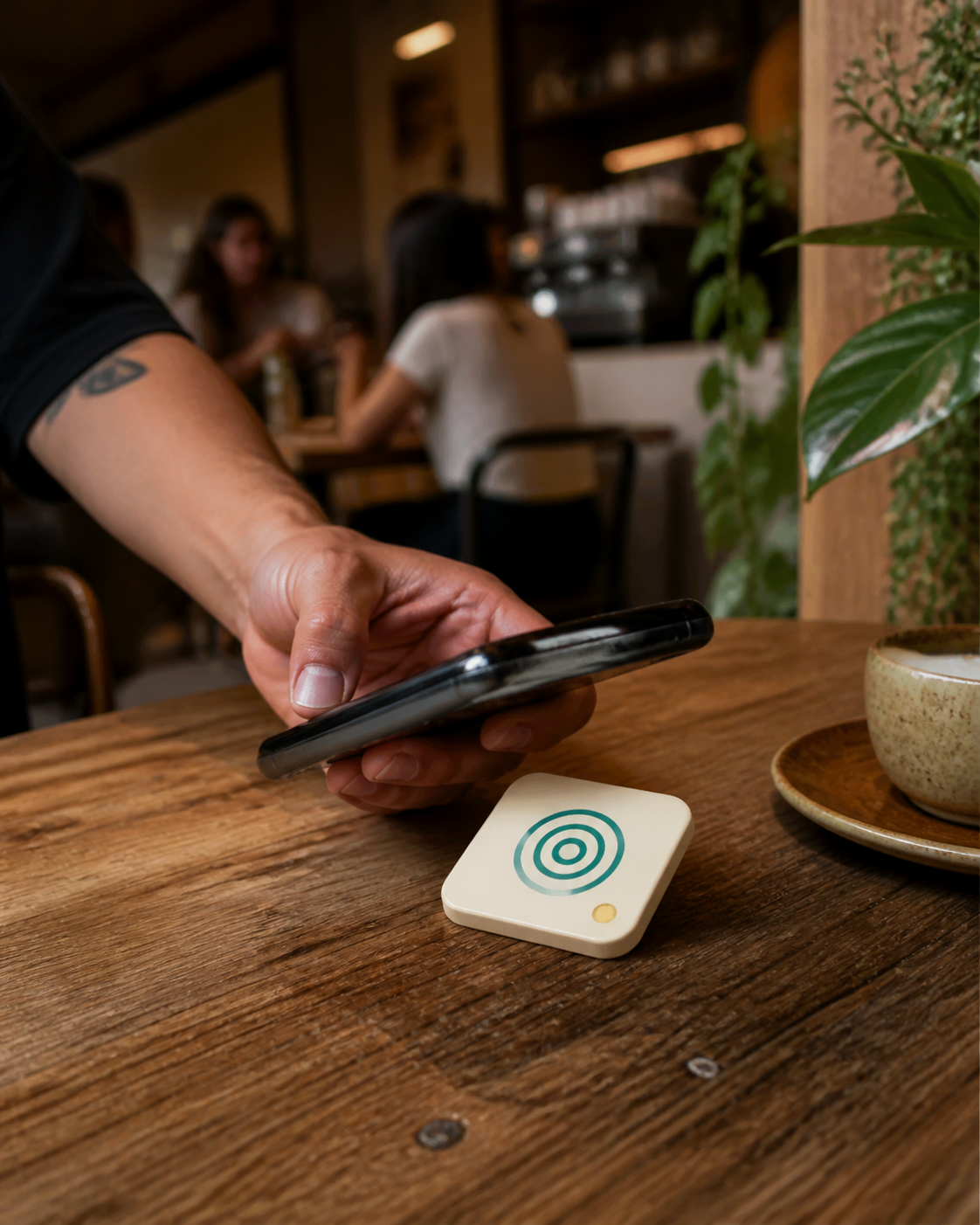 Cliente aproximando o celular de um ponto de contato sobre uma mesa de café
