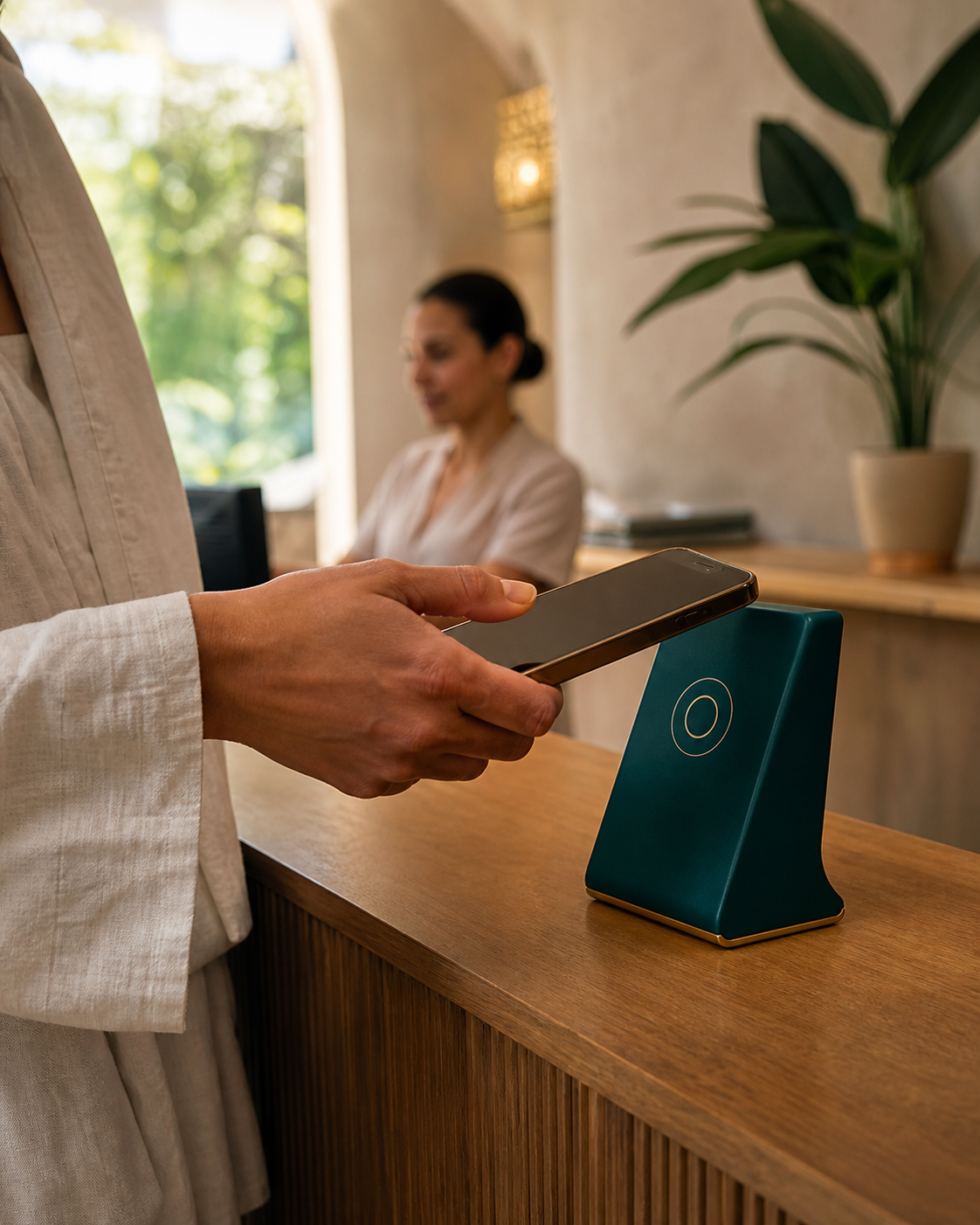 Paciente aproximando o celular de um ponto de contato em uma recepção